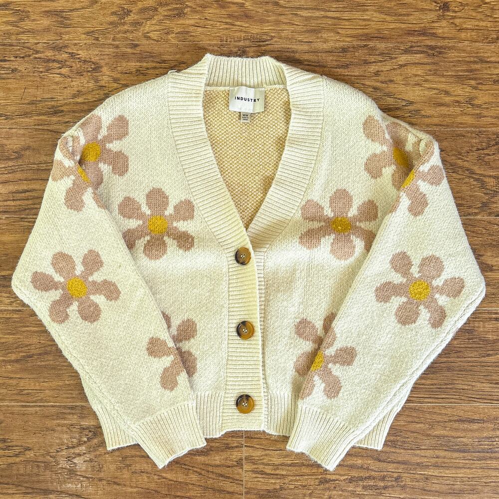 Industry Floral Daisy Cream Brown Yellow Knit Cardigan Sweater Medium